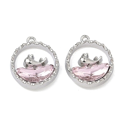 Pink Сплав стекла подвески, плоская круглая форма с подвесками в виде китов, стойки покрытие, без кадмия, без никеля и без свинца, платина, розовые, 18x15.5~16x4~4.5 мм, отверстие : 1.2~1.4 мм