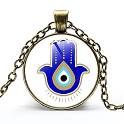 Hamsa Hand Alloy Cable Chain Necklaces, Glass Pendant Necklaces for Sweater, Antique Bronze, Evil Eye, Hamsa Hand, 21-5/8 inch(55cm)