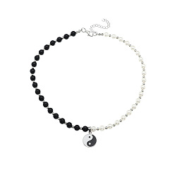 1 Yin Yang Tai Chi Necklace with Black and White Pearls - Trendy Hip Hop Fashion Jewelry