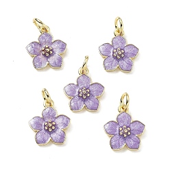 Лиловый Латунь эмаль прелести, цветочный шарм, с целью перехода в кольце, стойки покрытие, долговечный, без свинца и без кадмия, реальный 18 k позолоченный, сирень, 13x11x3 мм, отверстие : 3 мм