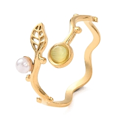 Золотой Латунные кольца-манжеты с имитацией драгоценных камней для женщин, лист, с пластиковой жемчужины, золотые, 17 мм