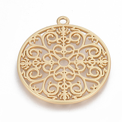 Real 18K Gold Plated Alloy Pendants, Matte Style, Flat Round with Flower, Cadmium Free & Nickel Free & Lead Free
, Real 14K Gold Plated, 49.5x44.5x2.5mm, Hole: 3mm