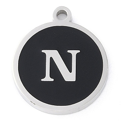 Letter N 201 подвески из нержавеющей стали, с черной эмалью, цвет нержавеющей стали, плоские круглые с буквы, Письмо N, 18.5x15.5x2 мм, отверстие : 1.6 мм