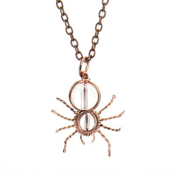 Quartz Crystal Synthetic Quartz Crystal Spider Pendant Necklaces, with Red Copper Brass Chains, 20.87 inch(53cm)