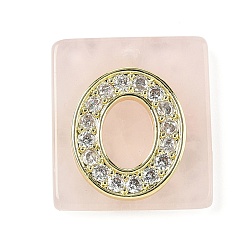 Letter O Природного розового кварца подвески, прямоугольные подвески с латунной микропаве прозрачной кубической циркониевой буквой, реальный 18 k позолоченный, долговечный, стойки покрытие, Письмо O, 21x18x5 мм, отверстие : 1.4 мм