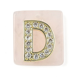 Letter D Природного розового кварца подвески, прямоугольные подвески с латунной микропаве прозрачной кубической циркониевой буквой, реальный 18 k позолоченный, долговечный, стойки покрытие, Буква D, 21x18x5 мм, отверстие : 1.4 мм