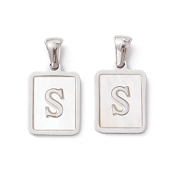 Letter S 304 Stainless Steel Pave Shell Pendants, Rectangle Charm, Stainless Steel Color, Letter S, 17.5x12x1.5mm, Hole: 3x5mm