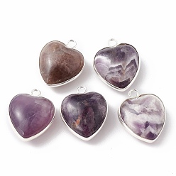 Amethyst Natural Amethyst Pendants, with Silver Color Plated Brass Findings, Heart Charms, 18~19x15~17x7~10mm, Hole: 2mm
