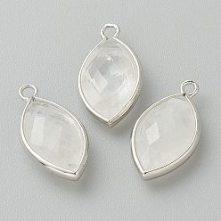 Cristal de Quartz Pendeloques de cristal de quartz naturel, pendentifs en cristal de roche, avec bord en laiton platine, facette, oeil de cheval, 22x12x5.5mm, Trou: 1.8mm