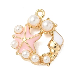 Pink Подвески из эмали и сплава, морская звезда, с абс пластмассовой имитационной жемчужиной, золотой свет, без кадмия, без никеля и без свинца, стойки покрытие, розовые, 25x22x6.5 мм, отверстие : 1.8 мм