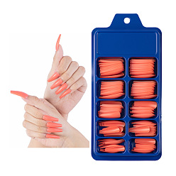 Коралловый 100шт 10 размер трапециевидной формы пластиковые накладные ногти, пресс с полным покрытием на накладных ногтях, нейл-арт съемный маникюр, аксессуары для украшения ногтей для практики маникюра, коралл, 26~32x7~14 мм, 10шт / размер