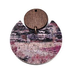 Medium Violet Red Imitation Leather & Wood Pendants, Flat Round with Moon Charms, Medium Violet Red, 47mm, Hole: 1.4mm