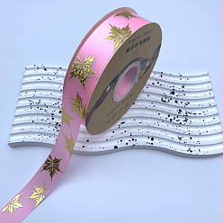 Pearl Pink 48 Yards Thanksgiving Day Polyester Satin Ribbons, Gold Stamping Maple Leaf, Pearl Pink, 1 inch(25mm), about 48.00 Yards(43.89m)/Roll