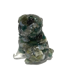 Moss Agate Resin Dog Figurines, with Natural Tiger Eye Chips inside Statues for Home Office Decorations, 50x35x55mm