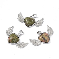 Unakite Natural Unakite Pendants, Heart Charms with Wing, with Platinum Tone Brass Findings, 22x37.5x7mm, Hole: 7.5x5mm