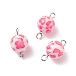 Hot Pink Spray Painted Opaque Resin Connector Charms, with Platinum Tone Iron Double Loops, Round with Heart Pattern, Hot Pink, 17x9.5~10mm, Hole: 2mm