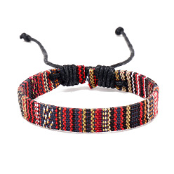 Dark Red Cloth Rope Braided Flat Cord Bracelet, Ethnic Tribal Adjustable Bohemia Bracelet, Dark Red, 7-1/8 inch(18cm)