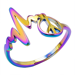 Rainbow Color Stainless Steel Peace Sign with Heart Beat Adjustable Ring for Women, Rainbow Color, Inner Diameter: 17mm
