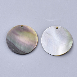 Colorful Black Lip Shell Pendants, Flat Round, Light Grey, 20x1~2mm, Hole: 1.2mm