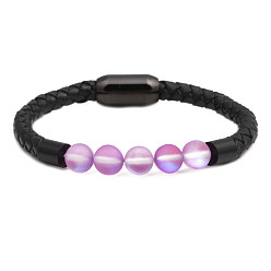 5# Stylish Leather Bracelet with Stainless Steel Magnetic Clasp and Moonstone Beads for Women