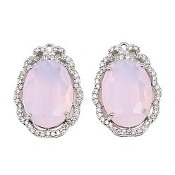 Pink Латунные микропаве прозрачные подвески с фианитом, со стеклом, овальные амулеты, долговечный, стойки покрытие, золотые, розовые, 26x18x8.5 мм, отверстие : 1.4 мм