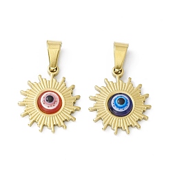 Mixed Color Vacuum Plating 304 Stainless Steel Resin Pendants, Golden, Sun Charms with Evil Eye, Mixed Color, 19x16x4mm, Hole: 6.5x3mm