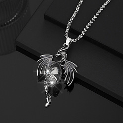 Black Diamond Vintage Alloy Rhinestone Dragon with Teardrop Pendant Necklaces, Antique Silver, Black Diamond, 23.62 inch(60cm)