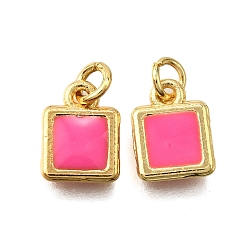 Ярко-Розовый Латунь эмаль прелести, с целью перехода в кольце, квадратный шарм, стойки покрытие, без кадмия и без свинца, долговечный, золотые, ярко-розовый, 9.5x7x1.5 мм, отверстие : 2.6 мм