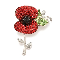 Platinum Alloy Brooches, with Rhinestone, Remembrance Poppy Flower Badge, Platinum, 53x40.5x13.5mm, Pin: 0.6mm