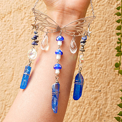 Blue Wire Wrapped Glass Pendant Decorations, Hanging Suncatchers, with Metal Wing Link and Natural Lapis Lazuli Chip, for Home Garden Decorations, Mushroom, Blue, 220mm