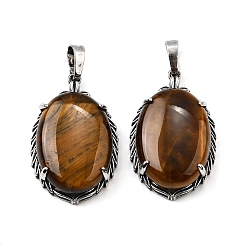 Тигровый глаз Природных тигровый глаз подвески, латунные овальные подвески, античное серебро, 33.5~34x21x10 мм, отверстие : 8x5 мм