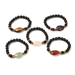 Mixed Stone Natural Lava Rock & Oval Mixed Stone Beads Stretch Bracelet, Essential Oil Anxiety Aromatherapy Jewelry Gift, Inner Diameter: 2-1/8 inch(5.5cm)