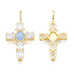 Cornflower Blue Brass Micro Pave Clear Cubic Zirconia Pendants, with Abalone Shell/Paua Shell, Nickel Free, Real 18K Gold Plated, Cross, Cornflower Blue, 45.5x30x6.5mm, Hole: 4x7mm