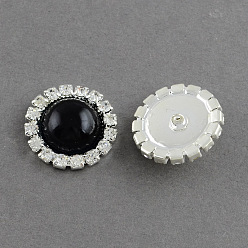 Black Dome/Half Round Brass ABS Plastic Imitation Pearl Shank Buttons, with Grade A Crystal Rhinestones, 1-Hole, Silver Color Plated Metal Color, Black, 16x5mm, Hole: 1mm
