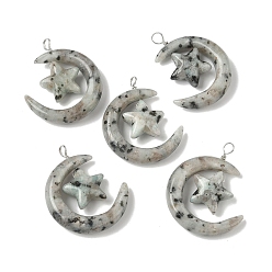Джаспер Кунжут Натуральная кунжутная яшма / киви яшма подвески, луна со звездными чарами, с петлями из медной проволоки, платина, 36~37x27~28x7.5~8 мм, отверстие : 4 мм