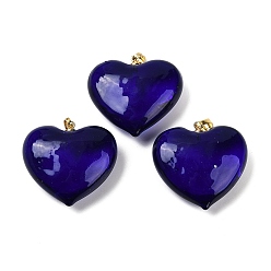 Полуночно-синий Подвески лэмпворк ручной работы, с реечной накладкой из латуни с золотистым напылением, долговечный, шарма сердца, темно-синий, 28.5x30.5x12.5 мм, отверстие : 6 мм