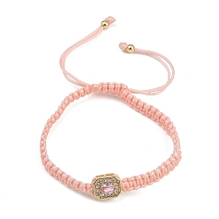 Pink Pulseras rectangulares trenzadas de cuentas con circonitas cúbicas y pavé de latón, pulseras de cuerda de nylon ajustable, larga duración plateado, chapado en rack, dorado, rosa, diámetro interior: 2.05~3.15 pulgada (5.2~8 cm)