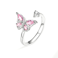 Rose Adjustable Opening Brass Rhinestone Ring, Cuff Rings Rotating Ring, Butterfly for Women, Platinum, Rose, 8mm