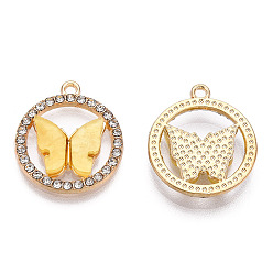 Gold Alloy Pendants, with Crystal Rhinestone and Acrylic, Ring with Butterfly Charm, Light Gold, Cadmium Free & Nickel Free & Lead Free, Gold, 18.5x16x2~3mm, Hole: 1.2mm