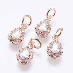 Real Rose Gold Plated Brass Micro Pave Cubic Zirconia Charms, Cadmium Free & Lead Free, teardrop, Real Rose Gold Plated, 11x6x3.5mm, Hole: 3mm