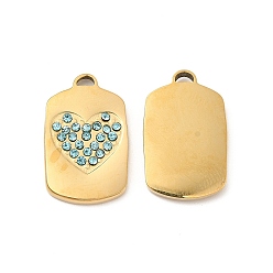 Aquamarine Vacuum Plating 201 Stainless Steel with Rhinestone Pendants, Real 18K Gold Plated, Rectangle with Heart Pattern Charms, Aquamarine, 20x12.5x2mm, Hole: 1.2x2.5mm
