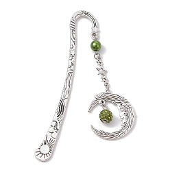 Olive Drab Alloy Moon Pendant Bookmark, Tibetan Style Alloy Hook Bookmarks, with Glass Pearl, Olive Drab, 112mm