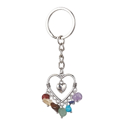 Mixed Stone Alloy Heart Charm Keychains, with Natural & Synthetic Gemstone Chip, 9cm