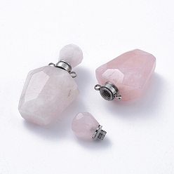 Rose Quartz Faceted Natural Rose Quartz Openable Perfume Bottle Pendants, Essential Oil Bottles, with 304 Stainless Steel Findings, Stainless Steel Color, 35.5~37.5x23x13.5mm, Hole: 1.8mm, Capacity: about 2ml(0.06 fl. oz)
