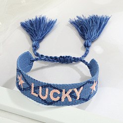Deep blue powder LUCKY. Embroidered Tassel Bracelet with Personalized Alphabet Design - Fashionable Couple's Wristband in Multiple Styles