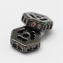Gunmetal Brass Micro Pave Cubic Zirconia Beads, Hexagon, Lead Free & Nickel Free, Gunmetal, 6x5.5x2mm, Hole: 0.8mm