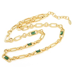 Зеленый 7 мм латунная цепочка с фиаро и инкрустацией кубическим цирконием, без кадмия и без свинца, стойки покрытие, долговечный, реальный 18 k позолоченный, зелёные, 18.11 дюйм (46 см)