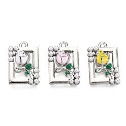 Mixed Color Rack Plating Alloy Enamel Pendants, with ABS Imitation Pearls Beads, Cadmium Free & Lead Free, Rectangle with Rose, Platinum, Mixed Color, 18.5x12.5x4mm, Hole: 1.2mm