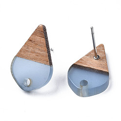 Steel Blue Transparent Resin & Walnut Wood Stud Earring Findings, with 304 Stainless Steel Pin and Hole, Two Tone, Teardrop, Steel Blue, 17.5x11mm, Hole: 1.8mm, Pin: 0.7mm