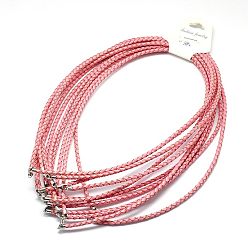 Pink Braided Leather Cords, for Necklace Making, with Brass Lobster Clasps, Pink, 21 inch, 3mm